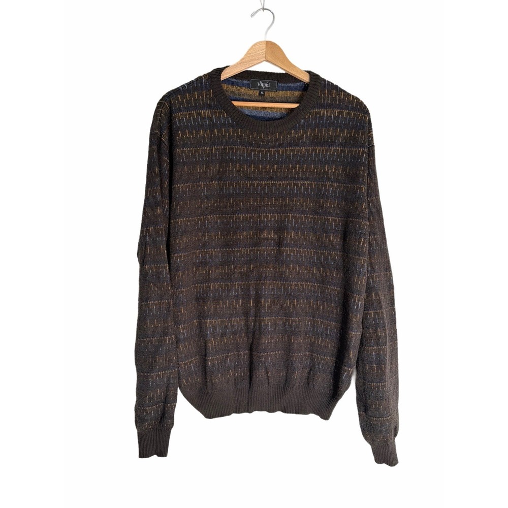 Villini Merino Wool Sweater XL Brown Textured Knit Crewneck Pullover Long Sleeve